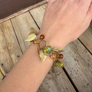 Vtg Bob Mackie Charm Bracelet 8" Gold Leaf Glass Bead Toggle Botanical Whimsical